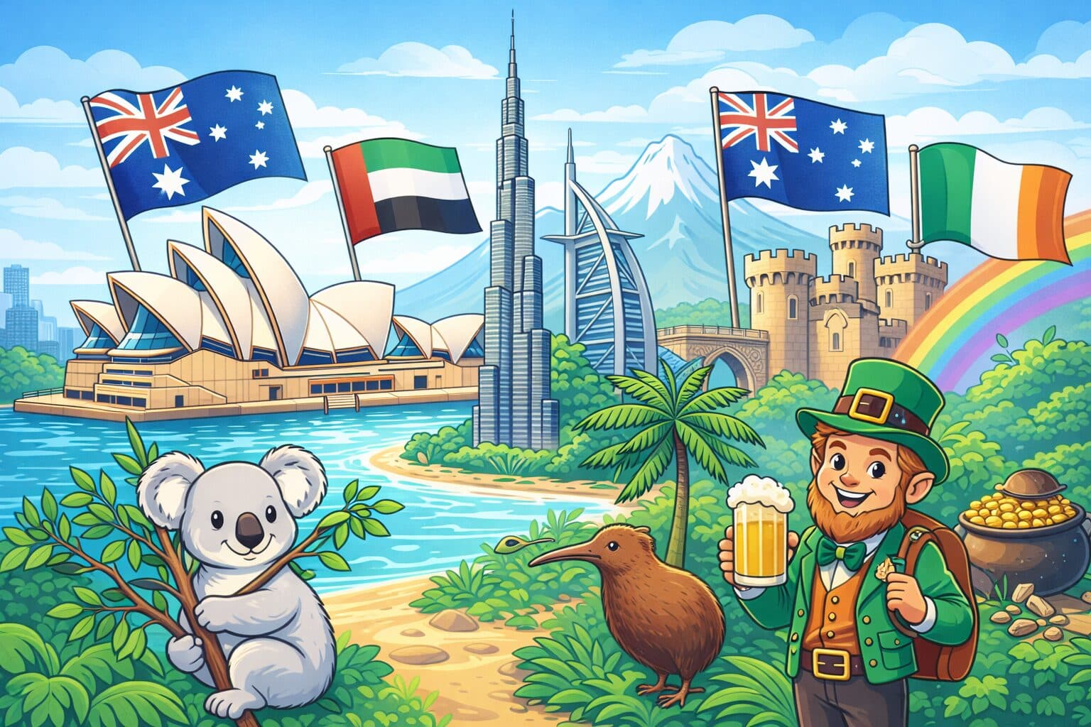 Ilustración de destinos para estudiar y trabajar: Australia, Nueva Zelanda, Irlanda y Dubái
